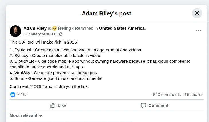 Facebook post from Adam Riley about ViralSky